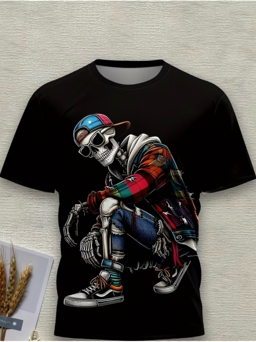 Black Graphic Skull Streetwear T-Shirt - Multicolor Print -Med